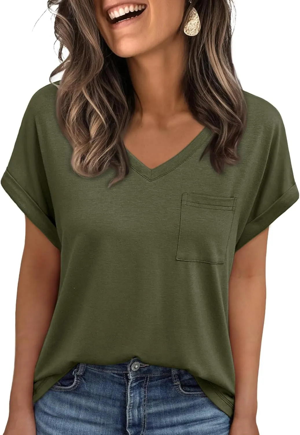 AUTOMET Womens Tops Short Sleeve V Neck Shirts with Chest Pockets Loose Casual Basic Tees Summer Clothes Outfits 2025