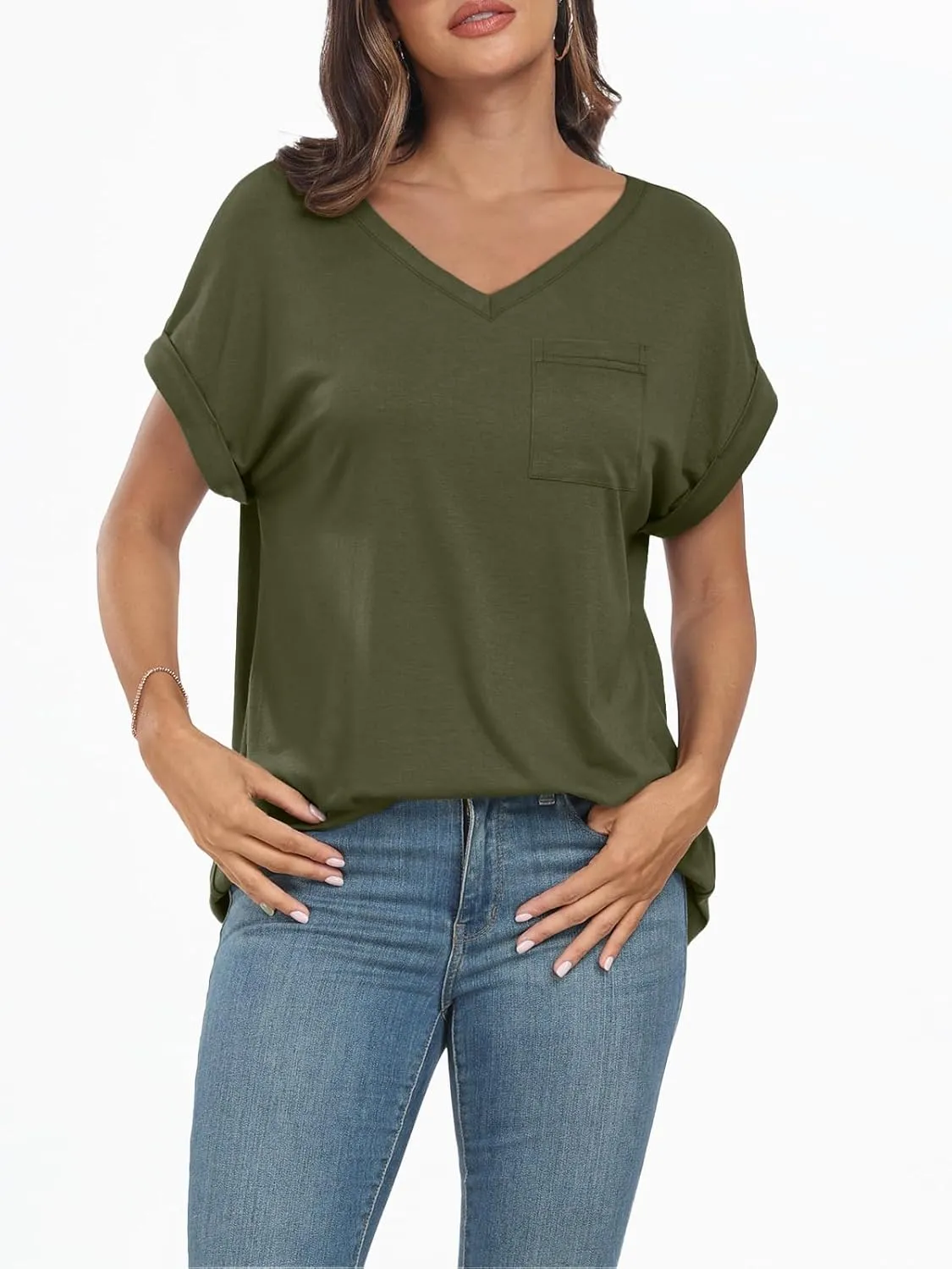 AUTOMET Womens Tops Short Sleeve V Neck Shirts with Chest Pockets Loose Casual Basic Tees Summer Clothes Outfits 2025