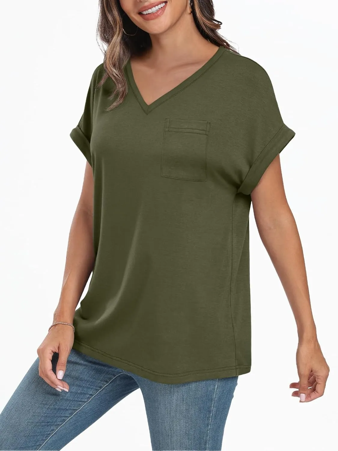 AUTOMET Womens Tops Short Sleeve V Neck Shirts with Chest Pockets Loose Casual Basic Tees Summer Clothes Outfits 2025
