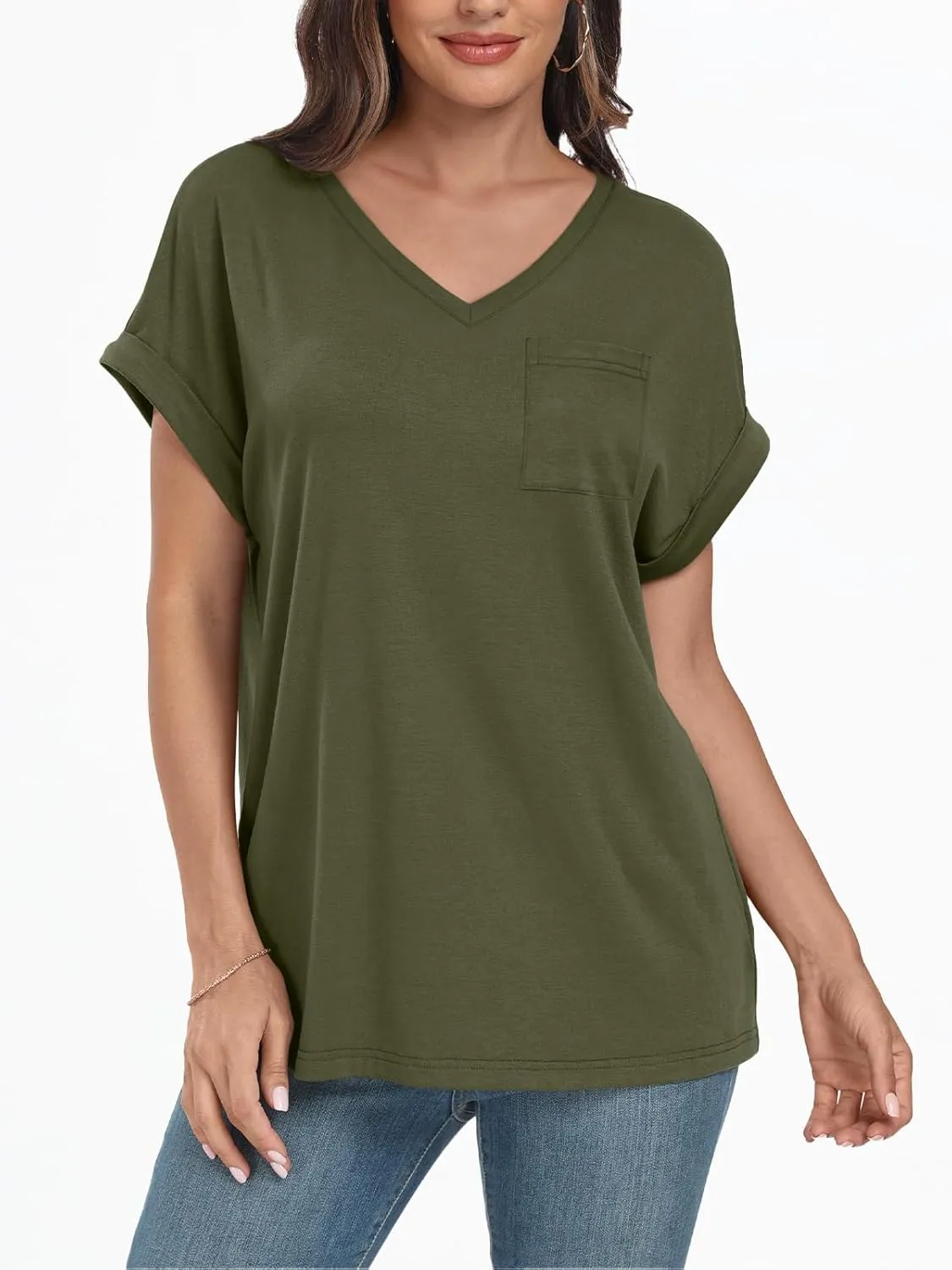 AUTOMET Womens Tops Short Sleeve V Neck Shirts with Chest Pockets Loose Casual Basic Tees Summer Clothes Outfits 2025