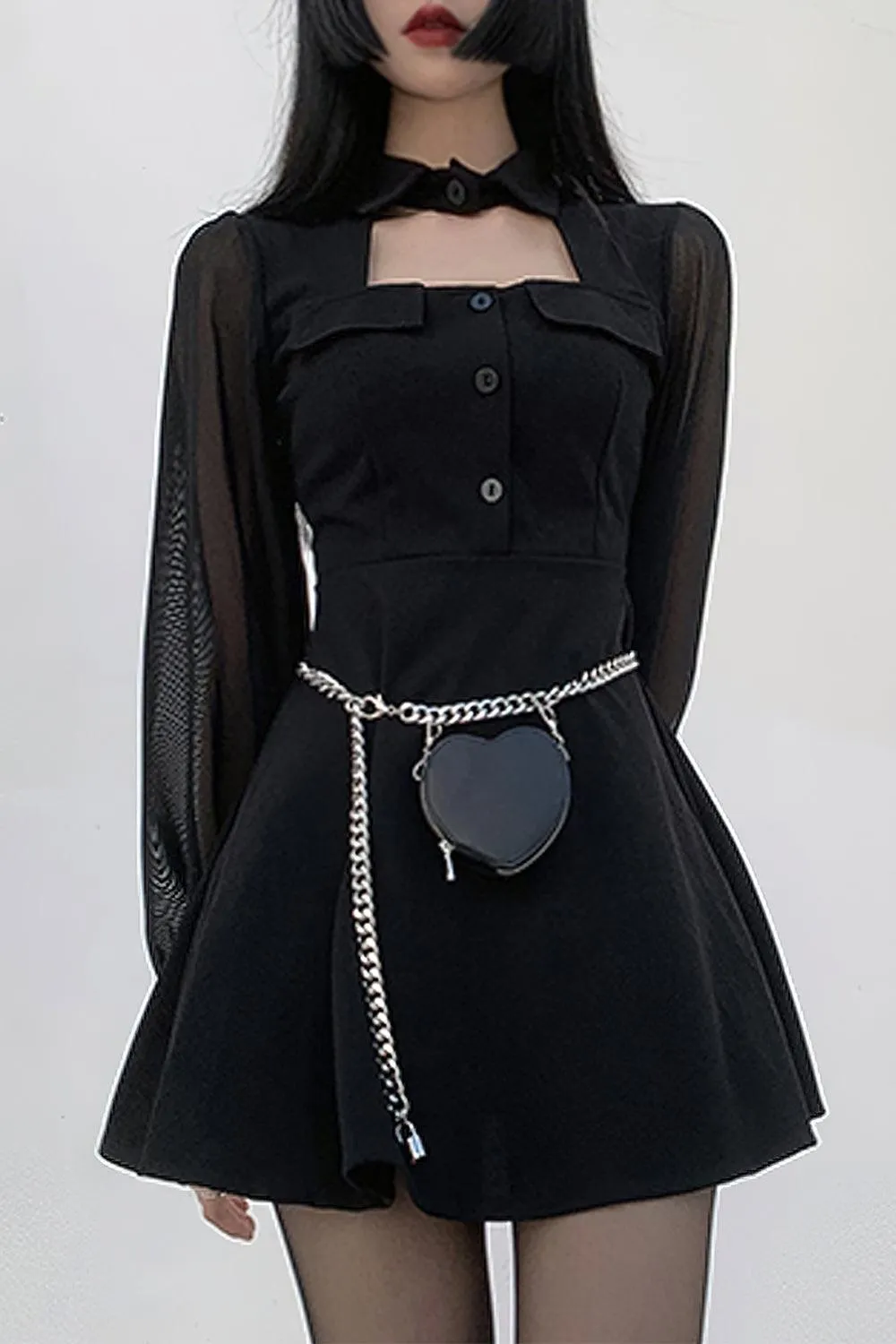 Black Mesh Sleeve Goth Aesthetic Dress