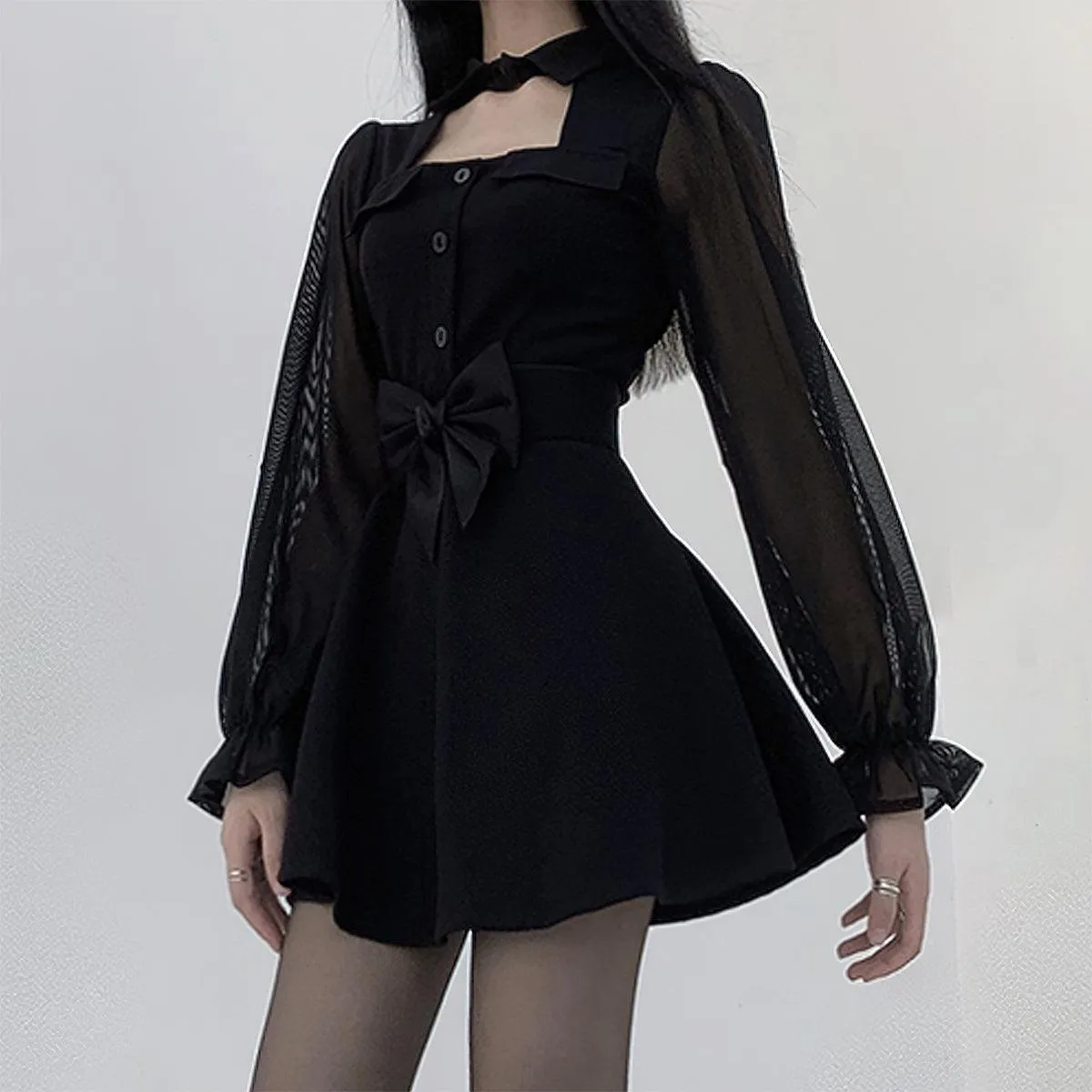 Black Mesh Sleeve Goth Aesthetic Dress