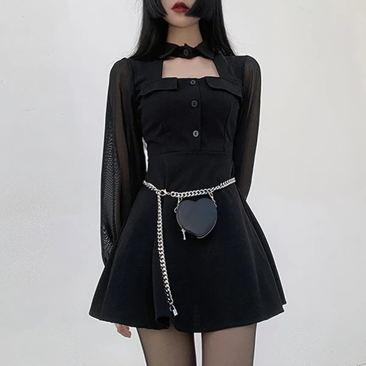 Black Mesh Sleeve Goth Aesthetic Dress