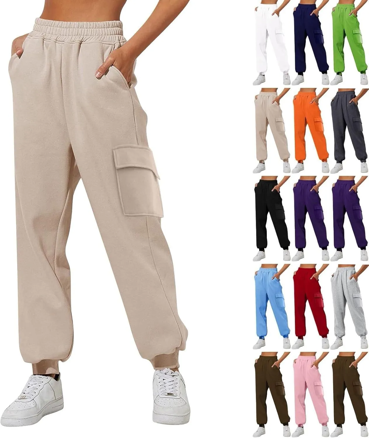Cargo Joggers for Women Fleece Sweatpants Baggy Elastic High Waisted Jogger Pants Athletic Track Pants with Pockets