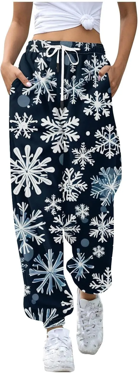 Christmas Pants for Women High Waisted Baggy 2024 Cinch Bottom Sweatpants Gym Jogger Holiday Petite Lounge Pants