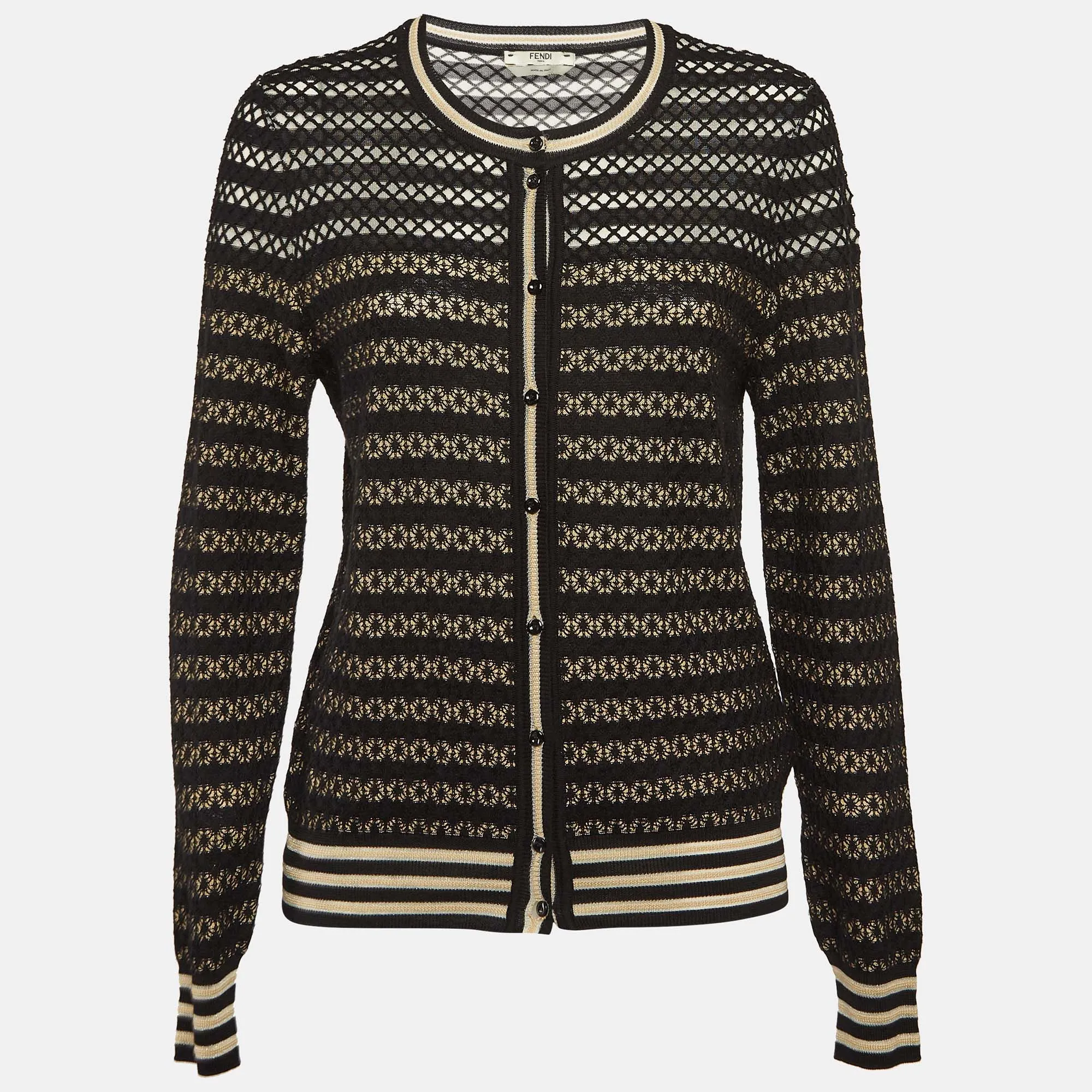 Fendi Black/beige Silk Patterned Knit Cardigan