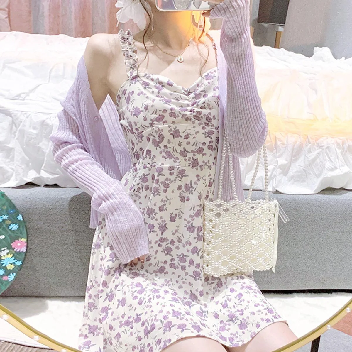 Lilly Purple Floral Soft Girl Dress and Cardigan