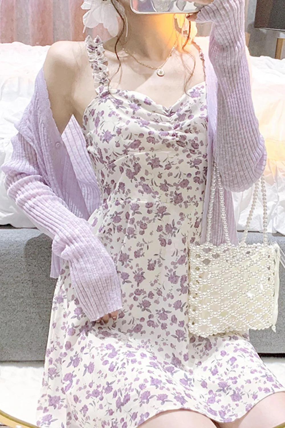 Lilly Purple Floral Soft Girl Dress and Cardigan