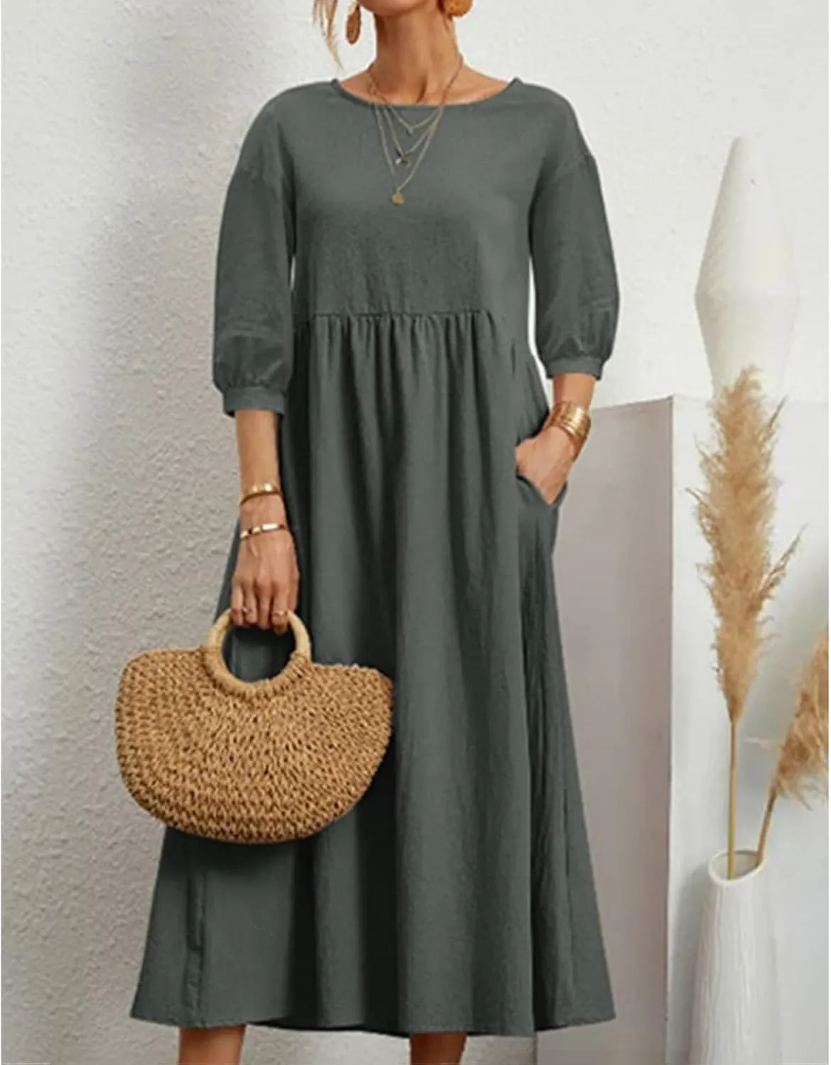 Linen Summer Dresses for Women Casual Loose Half Sleeve Dress Loose Boho Beach Vacation Sundress with Pockets