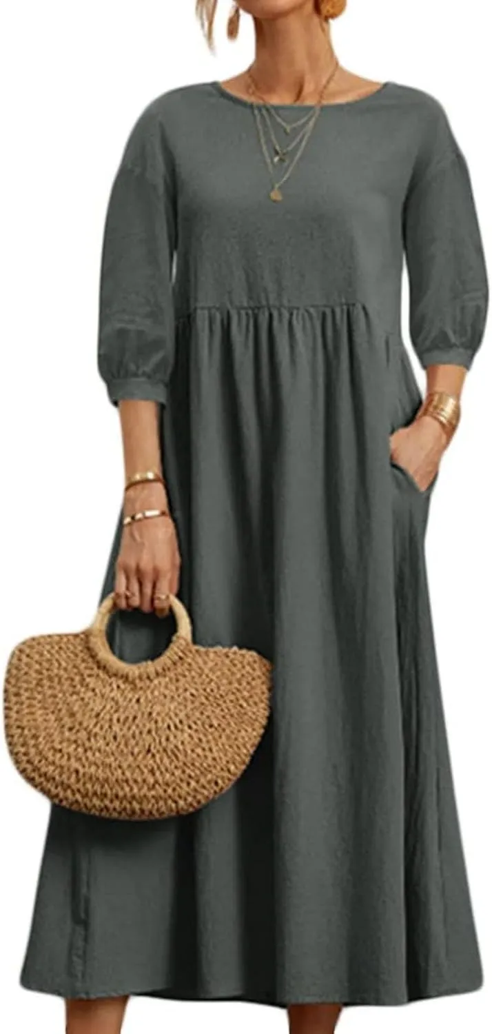 Linen Summer Dresses for Women Casual Loose Half Sleeve Dress Loose Boho Beach Vacation Sundress with Pockets
