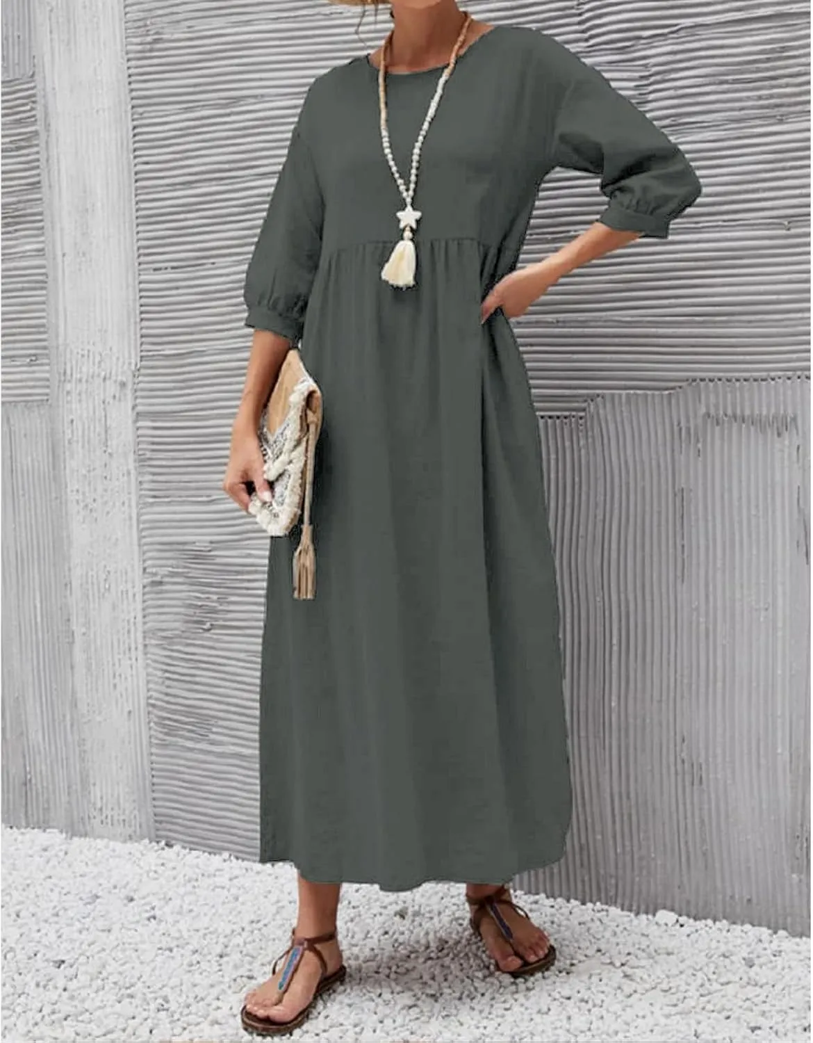 Linen Summer Dresses for Women Casual Loose Half Sleeve Dress Loose Boho Beach Vacation Sundress with Pockets