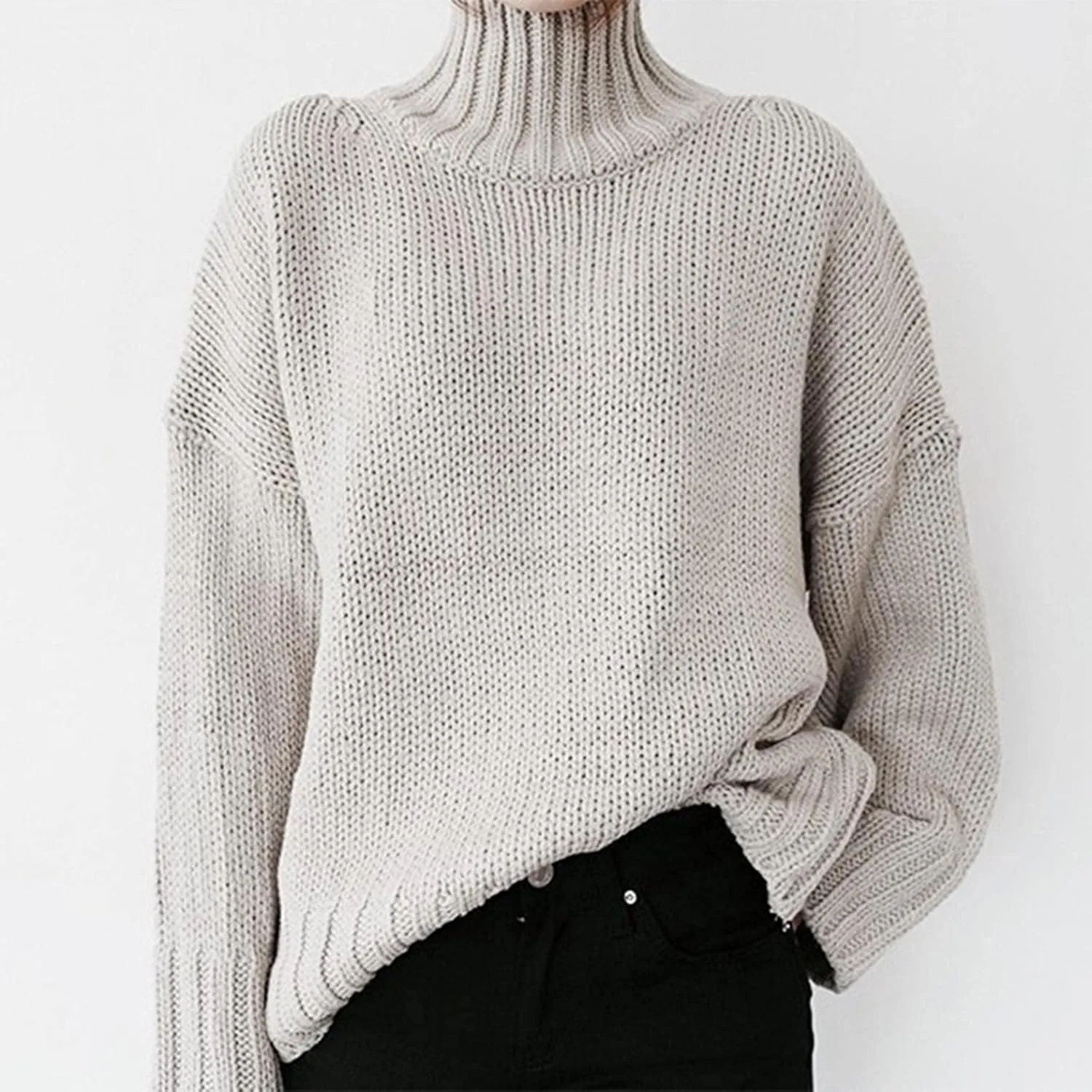 Maryia Womens Mock Turtleneck Sweaters Winter Warm Long Sleeve Cable Knit Pullover Oversized Solid Chunky Comfy Soft Top