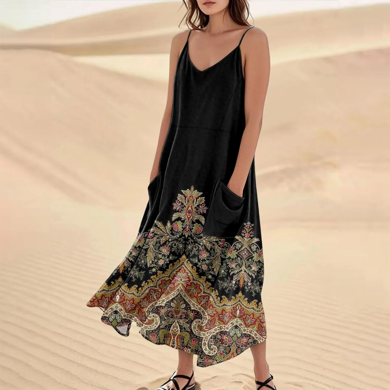 Maxi Dresses for Women Summer Casual Sundress Printed O Neck Tank Dress Loose Beach Vacation Dress with Pockets