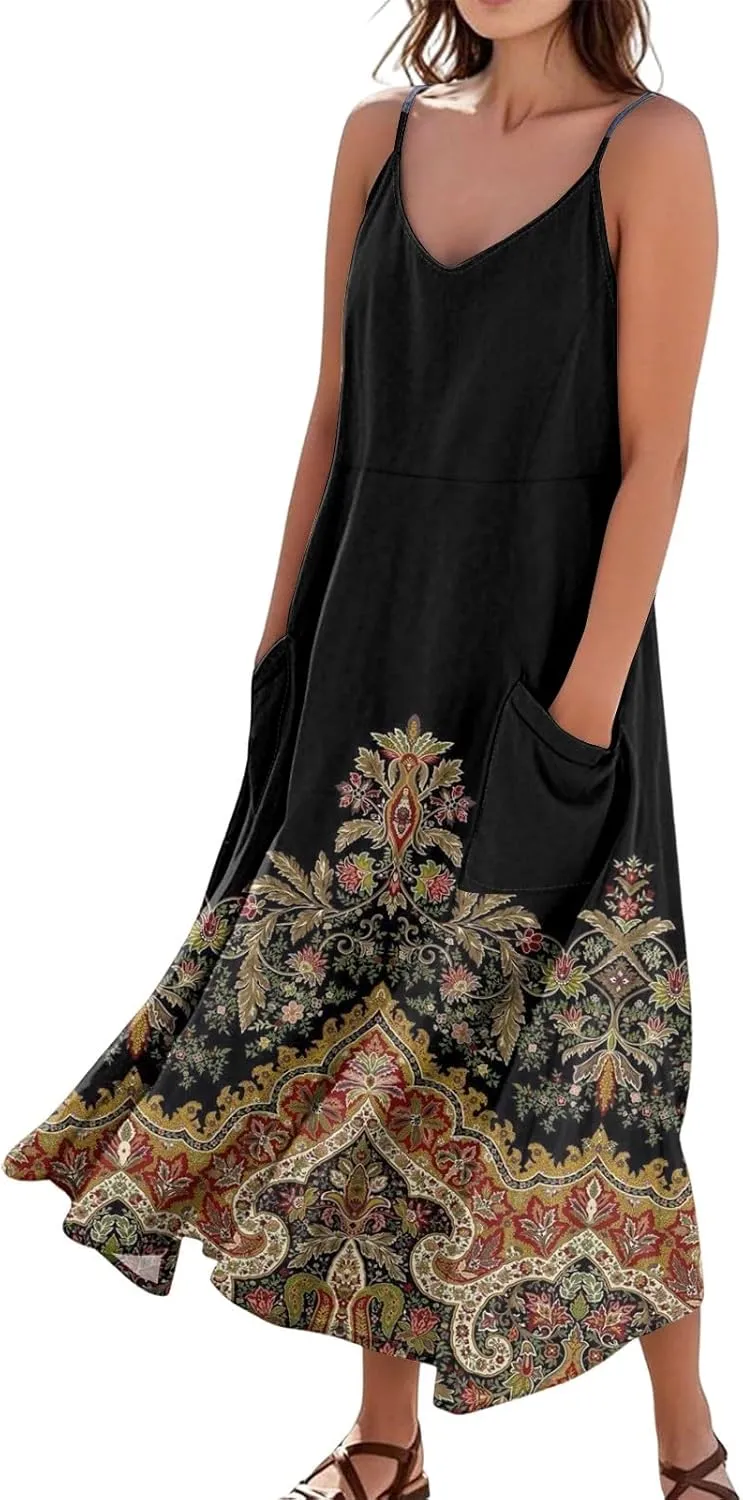 Maxi Dresses for Women Summer Casual Sundress Printed O Neck Tank Dress Loose Beach Vacation Dress with Pockets