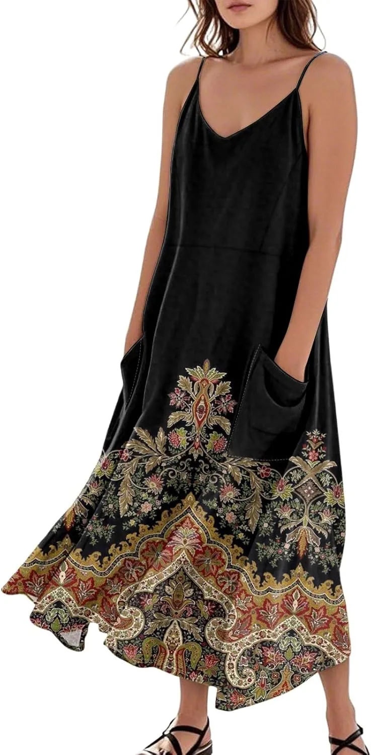 Maxi Dresses for Women Summer Casual Sundress Printed O Neck Tank Dress Loose Beach Vacation Dress with Pockets
