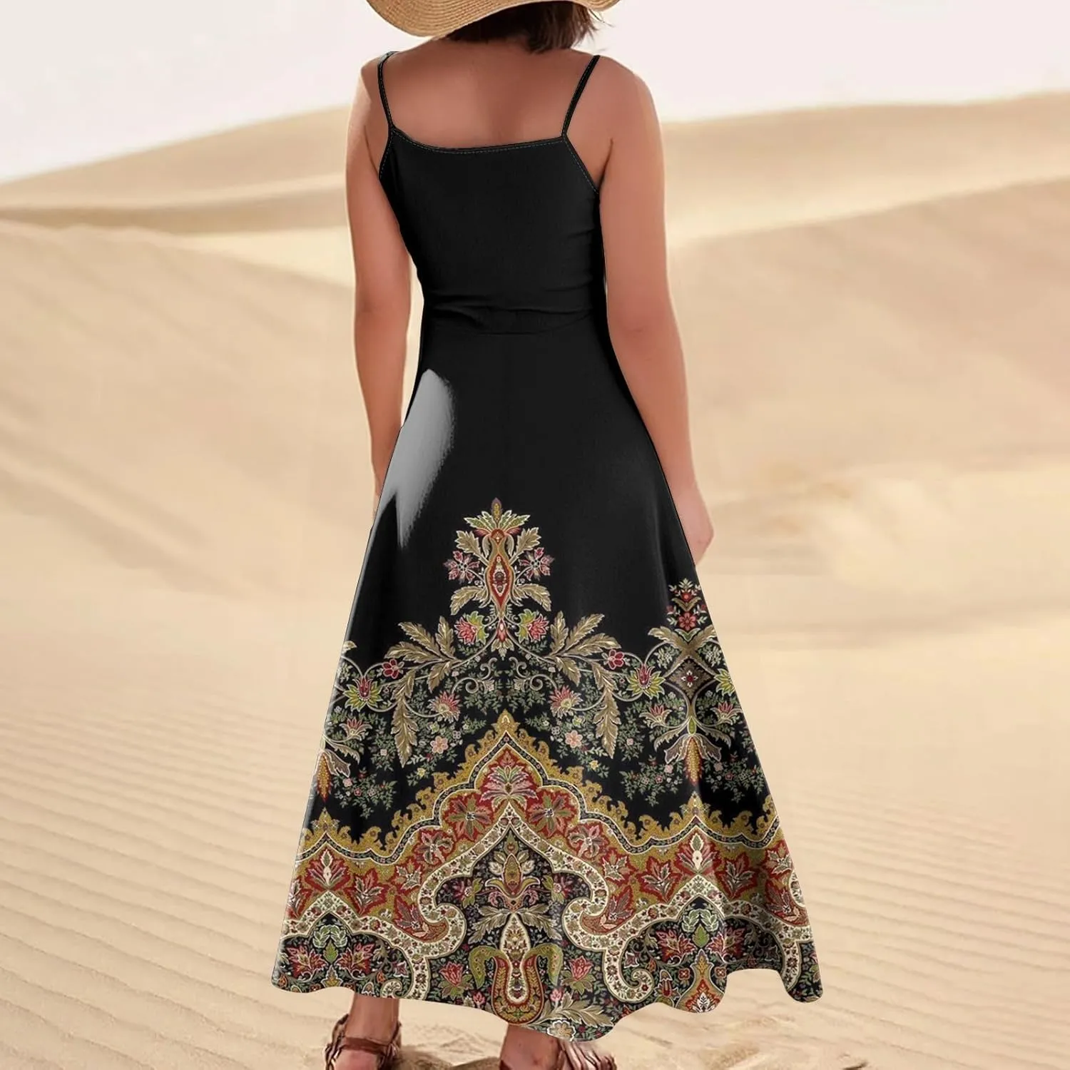 Maxi Dresses for Women Summer Casual Sundress Printed O Neck Tank Dress Loose Beach Vacation Dress with Pockets