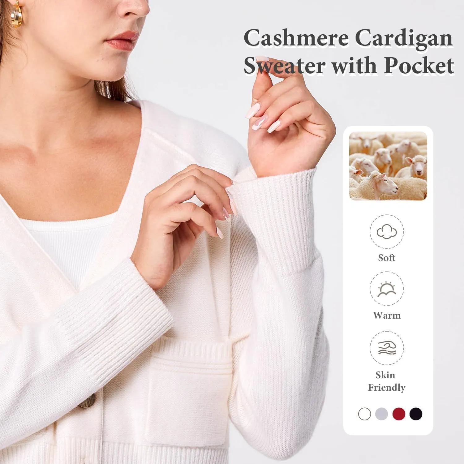 Simple&Opulence Women's Cashmere Cardigan Sweater, Cashmere Long Sleeve V Neck Open Front Cardigan with Pocket