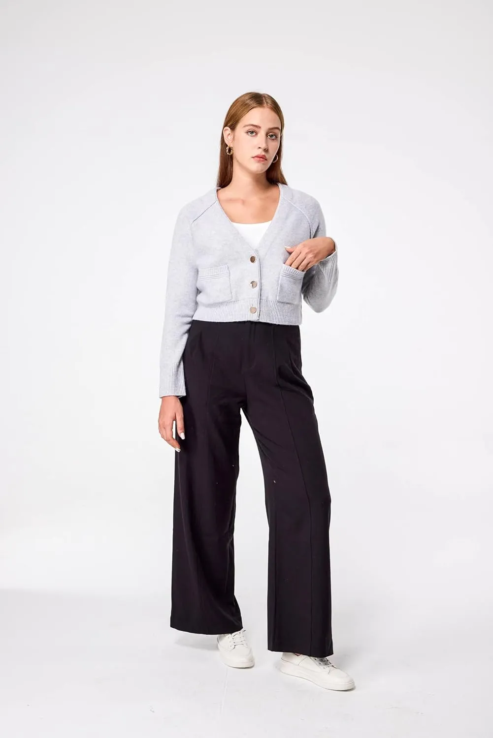 Simple&Opulence Women's Cashmere Cardigan Sweater, Cashmere Long Sleeve V Neck Open Front Cardigan with Pocket