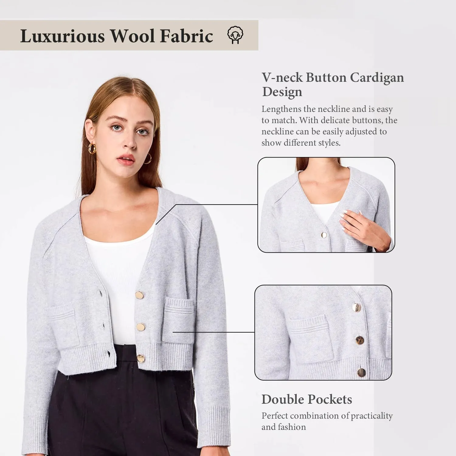 Simple&Opulence Women's Cashmere Cardigan Sweater, Cashmere Long Sleeve V Neck Open Front Cardigan with Pocket