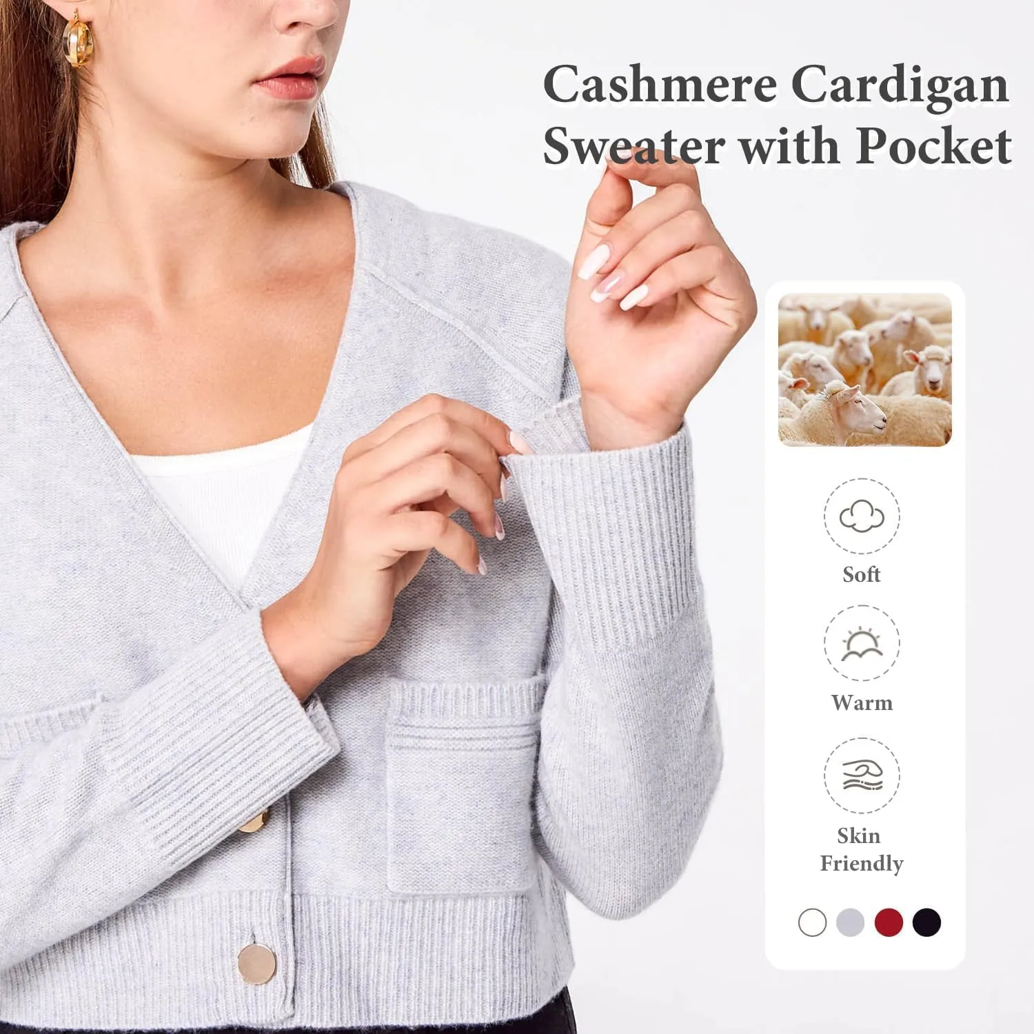 Simple&Opulence Women's Cashmere Cardigan Sweater, Cashmere Long Sleeve V Neck Open Front Cardigan with Pocket