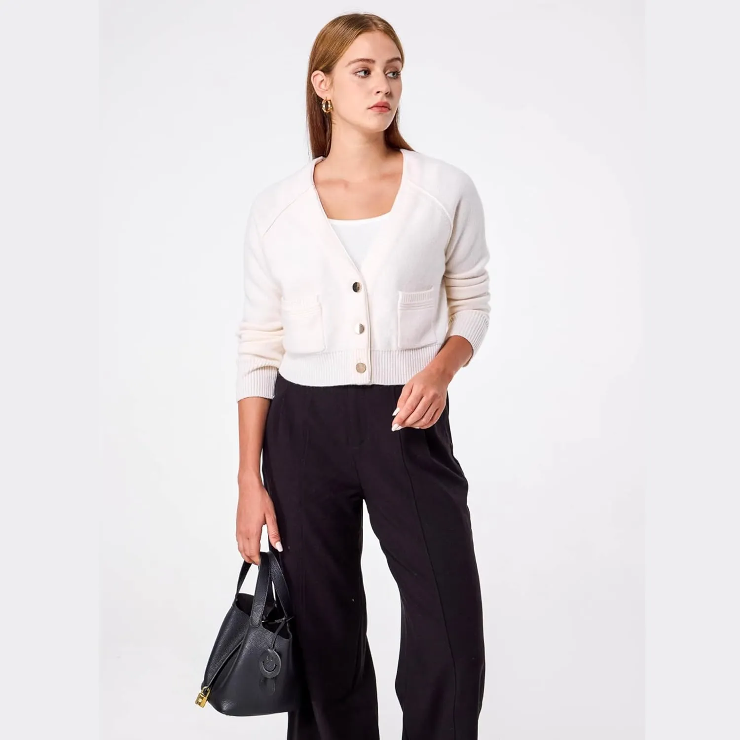 Simple&Opulence Women's Cashmere Cardigan Sweater, Cashmere Long Sleeve V Neck Open Front Cardigan with Pocket