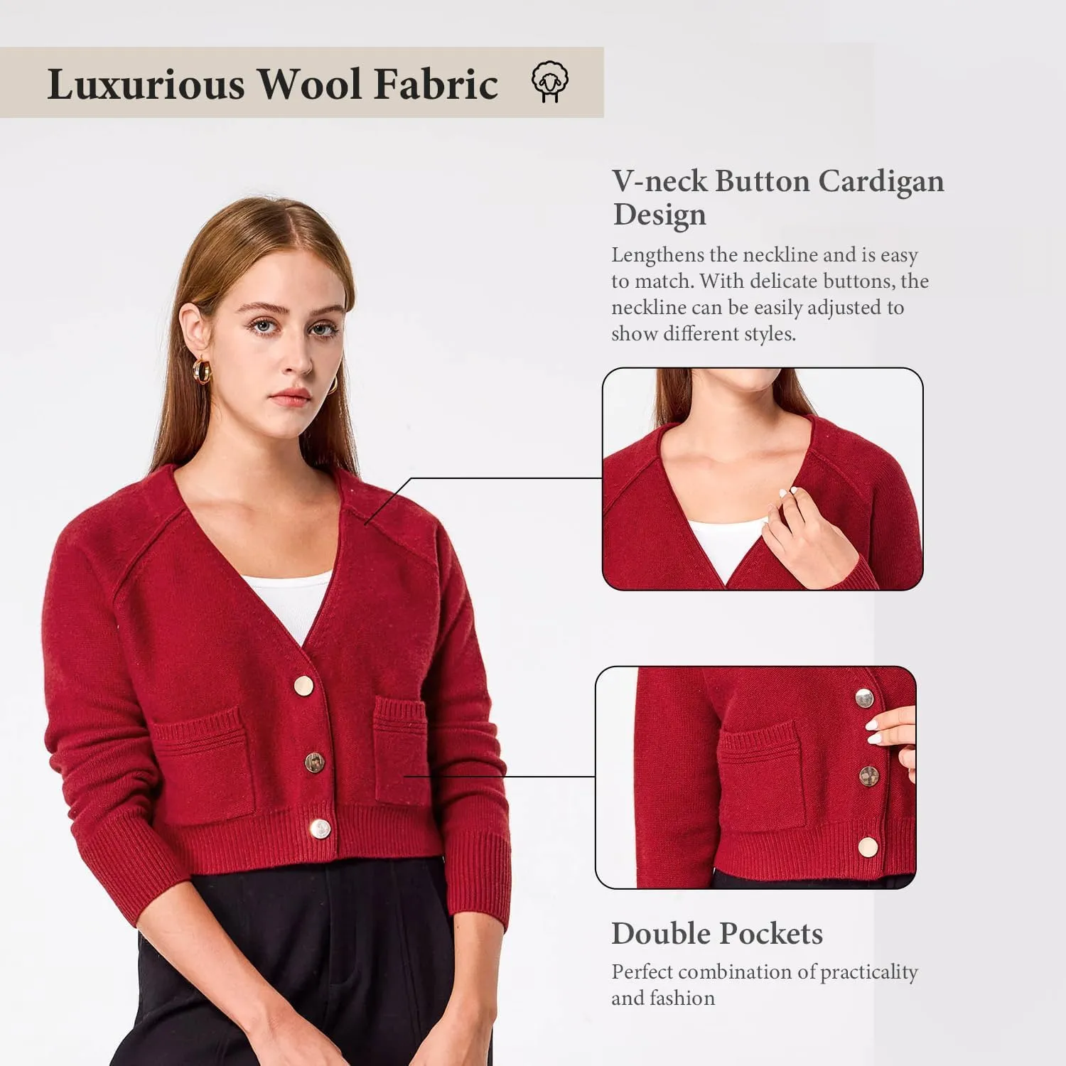 Simple&Opulence Women's Cashmere Cardigan Sweater, Cashmere Long Sleeve V Neck Open Front Cardigan with Pocket