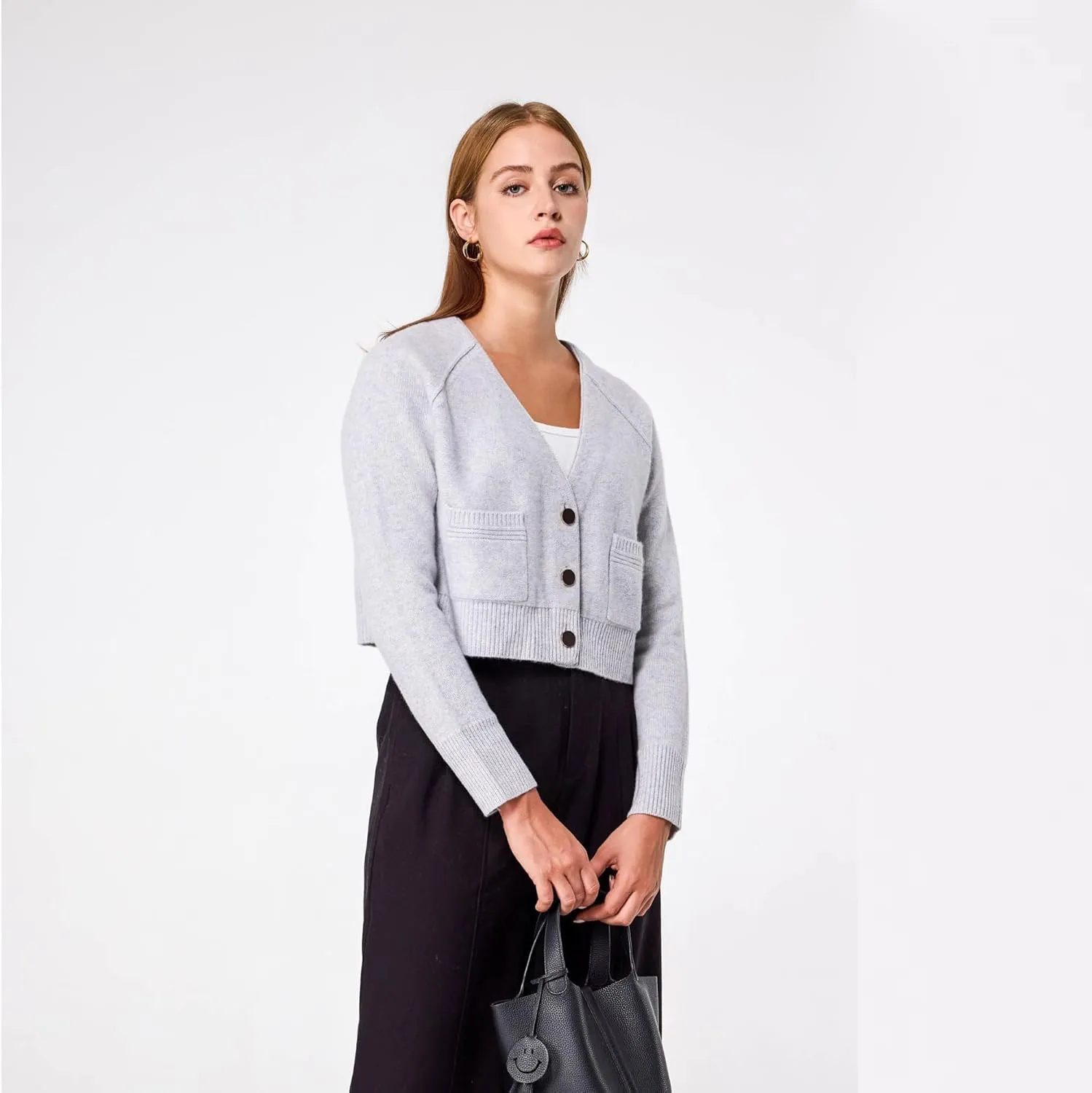 Simple&Opulence Women's Cashmere Cardigan Sweater, Cashmere Long Sleeve V Neck Open Front Cardigan with Pocket