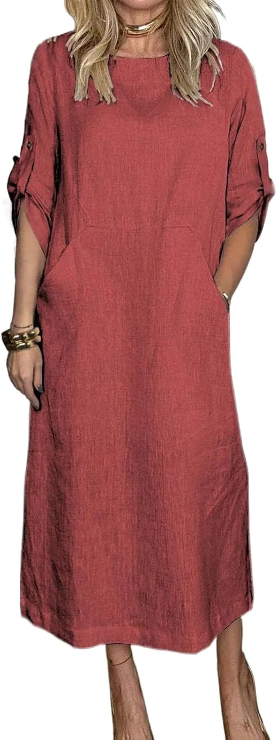 Summer Maxi Dresses for Women Cotton Linen Long Dress Casual Long Sleeve Crew Neck Boho Dresses Beach Sundress Pockets
