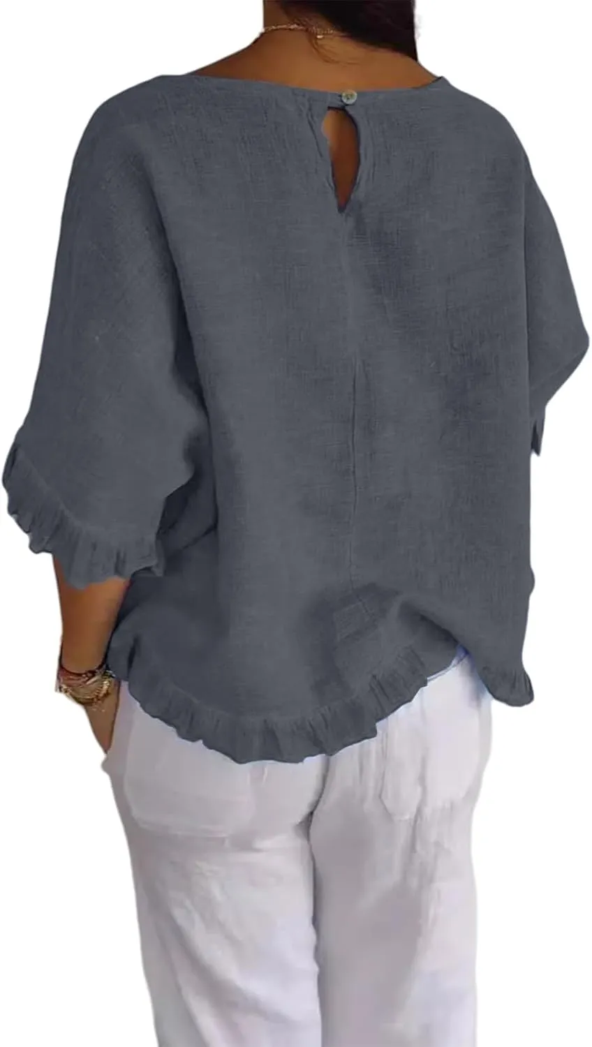 Summer Tops for Women Lightweight Cotton Linen T-Shirt Crew Neck Ruffle Sleeve Loose Blouses Pleated Hem Casual Tee