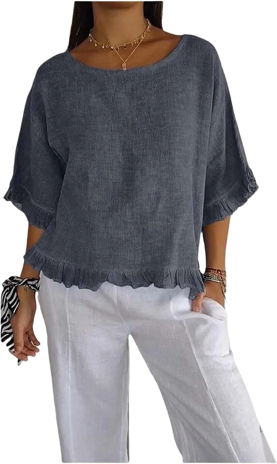 Summer Tops for Women Lightweight Cotton Linen T-Shirt Crew Neck Ruffle Sleeve Loose Blouses Pleated Hem Casual Tee