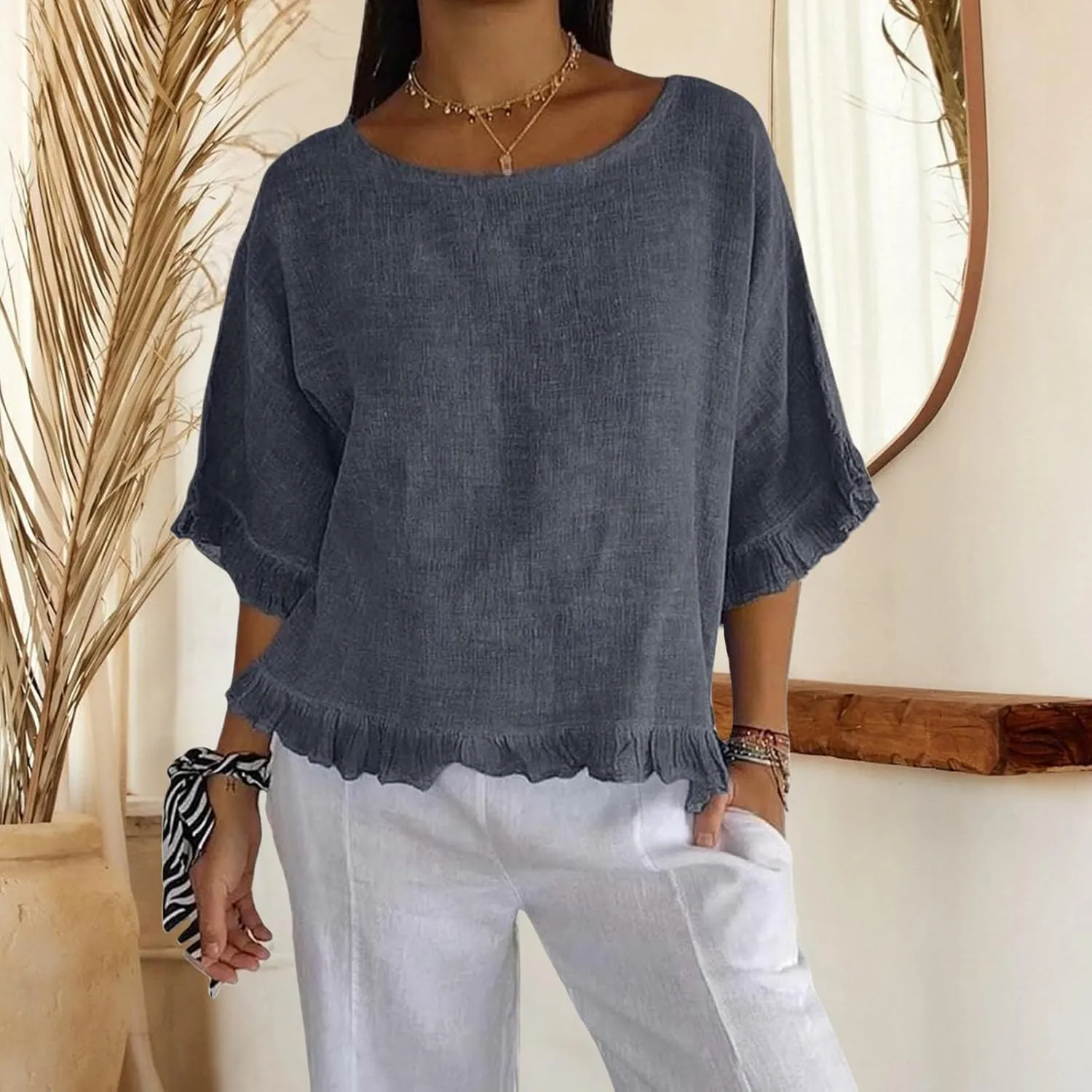 Summer Tops for Women Lightweight Cotton Linen T-Shirt Crew Neck Ruffle Sleeve Loose Blouses Pleated Hem Casual Tee