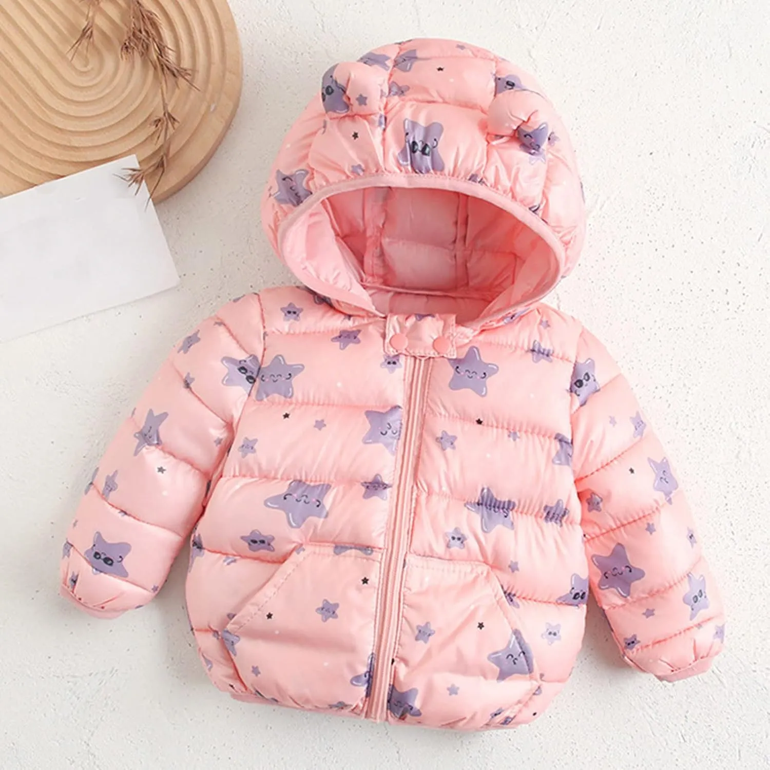 Toddler Baby Girls Boys Packable Light Puffer Jacket with Hoods Cartoon Bear Padded Down Coat Windproof Outerwear