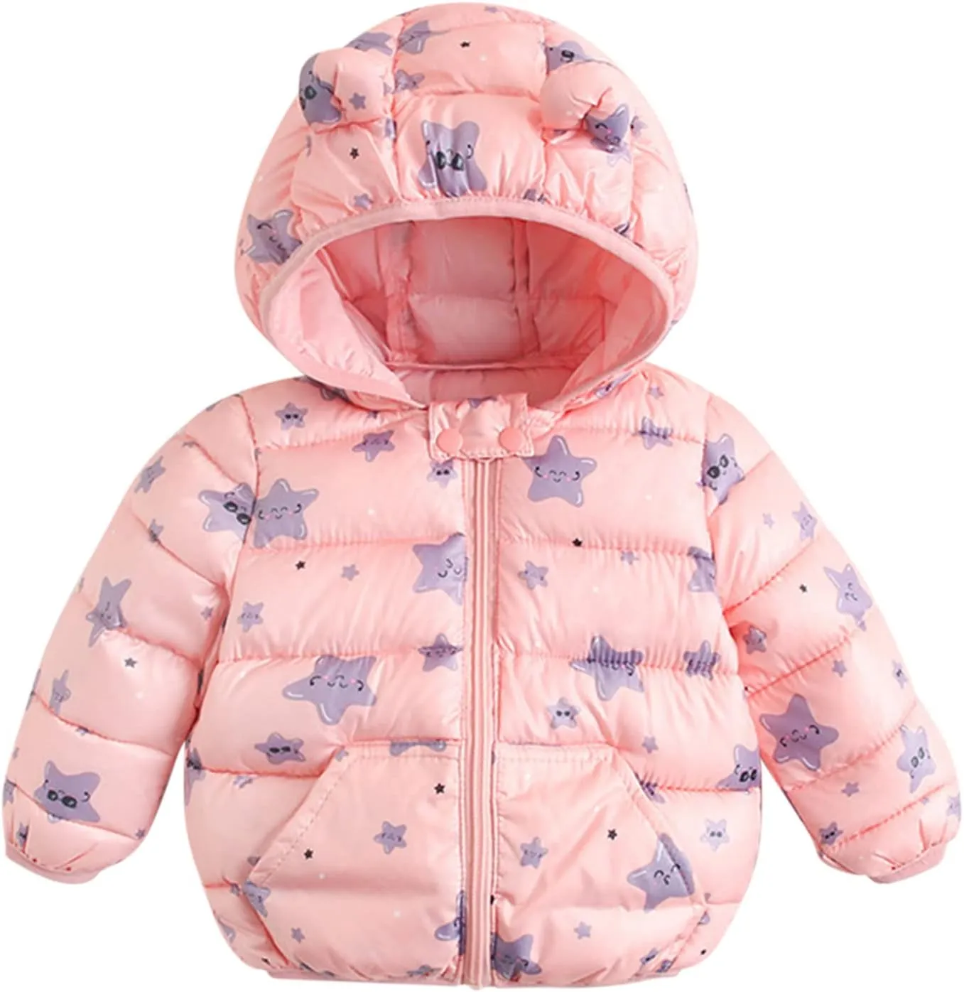 Toddler Baby Girls Boys Packable Light Puffer Jacket with Hoods Cartoon Bear Padded Down Coat Windproof Outerwear
