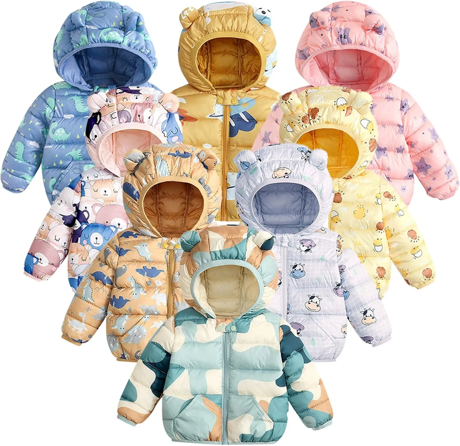 Toddler Baby Girls Boys Packable Light Puffer Jacket with Hoods Cartoon Bear Padded Down Coat Windproof Outerwear