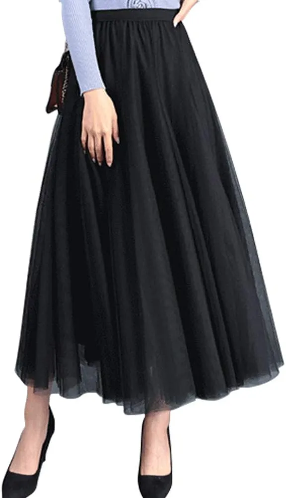 Tulle Skirts for Women Pleated Layered Tutu Skirt Ladies Elegant Flowy Long Skirts Bridesmaid Wedding Midi Skirt