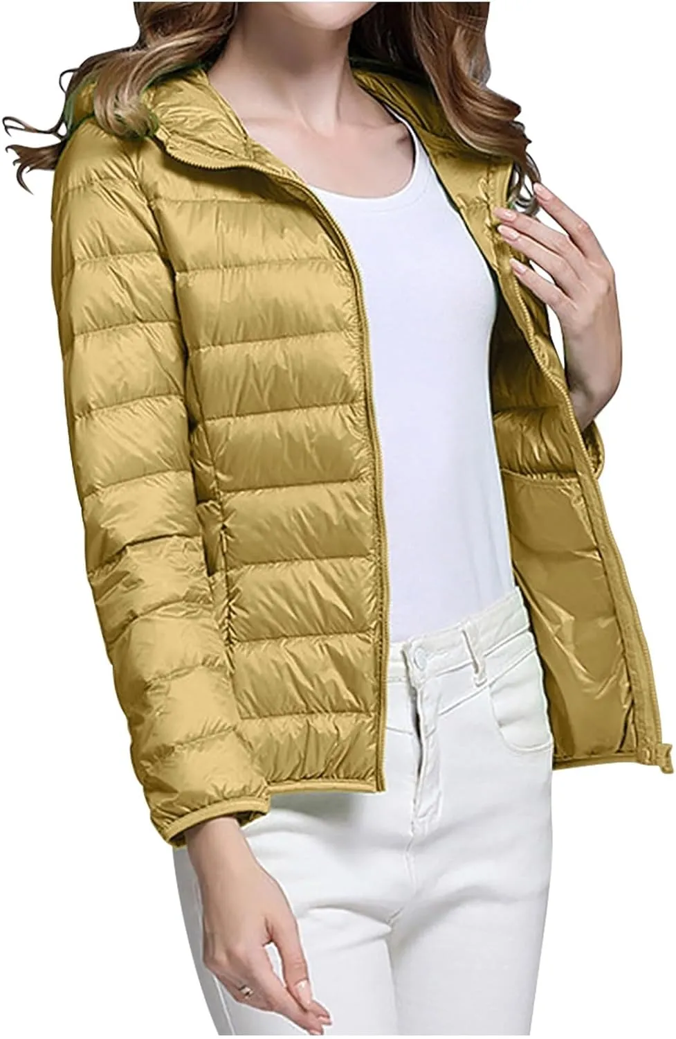 Uillui Women's Packable Ultra-Light Down Jacket Hooded Quilted Puffer Jacket Zippered Pockets Water-Resistant Winter Coats