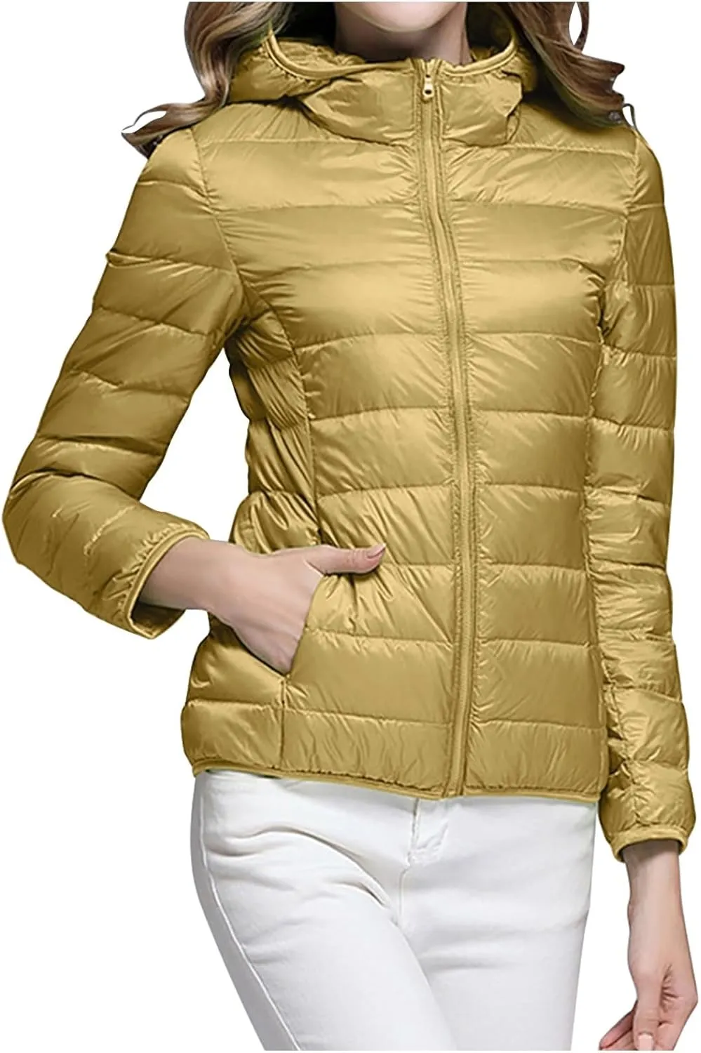 Uillui Women's Packable Ultra-Light Down Jacket Hooded Quilted Puffer Jacket Zippered Pockets Water-Resistant Winter Coats