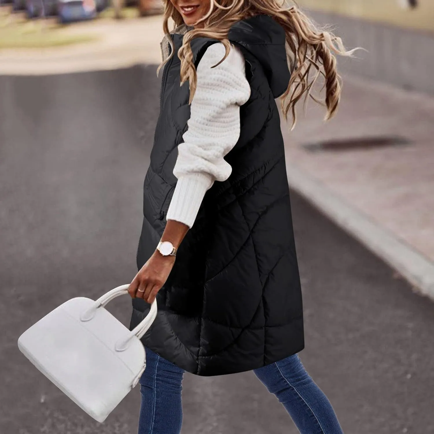 Woman Coat Winter Light Down Zip Up Puffer Jacket Plus Size Long Sleeve Quilted Pullover Outwear With Pocket