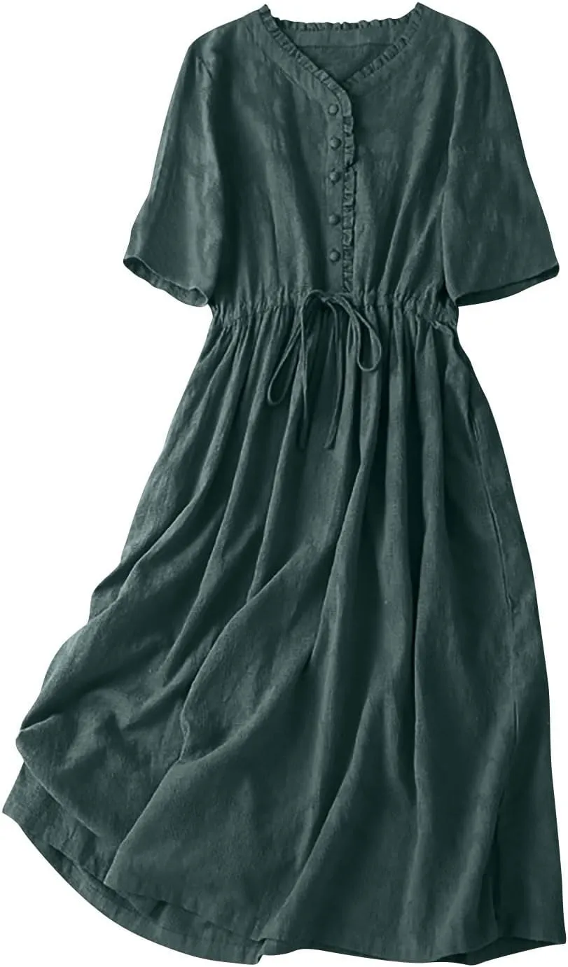 Women Cotton Linen Midi Dress Drawstring Waist Button Front Casual Summer Sundress Loose Short Sleeve Flowy A-Line Dress
