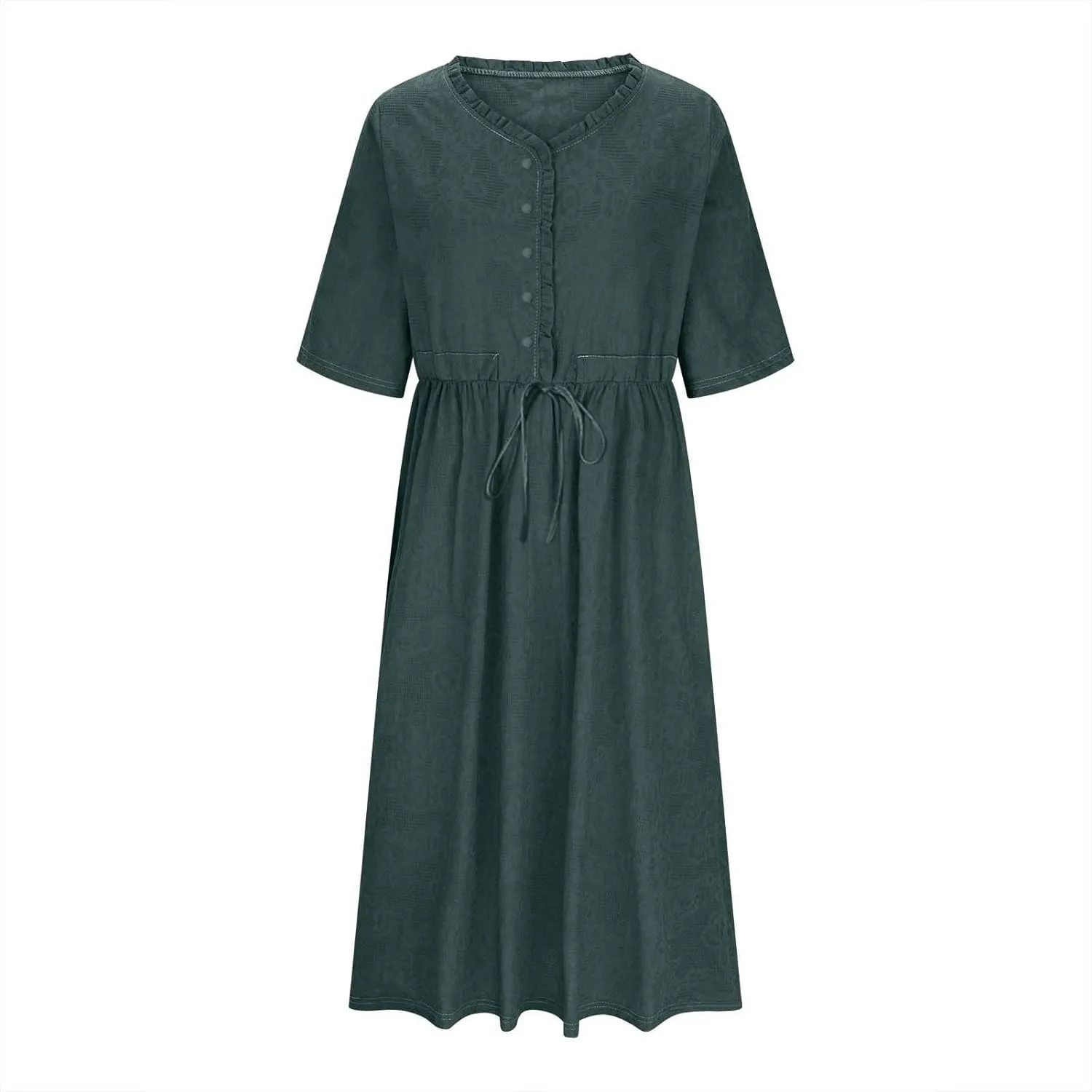 Women Cotton Linen Midi Dress Drawstring Waist Button Front Casual Summer Sundress Loose Short Sleeve Flowy A-Line Dress