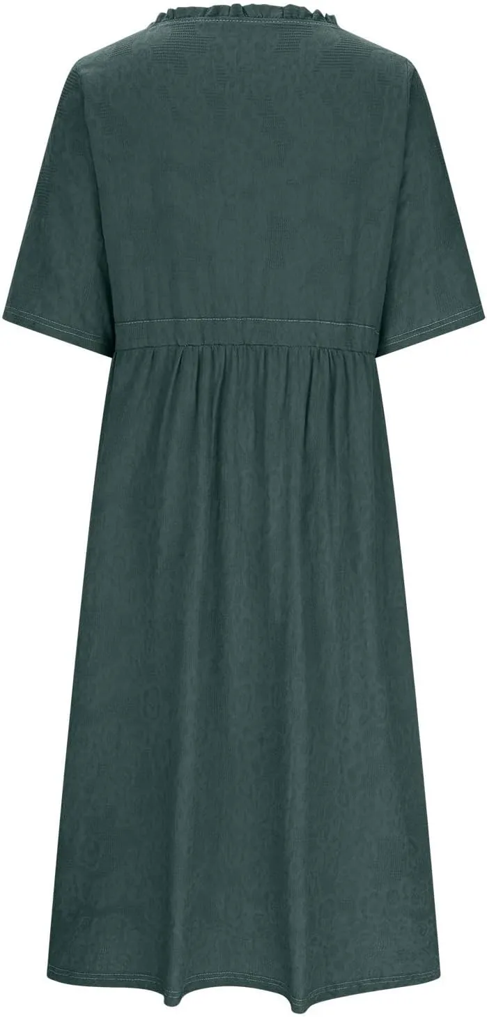 Women Cotton Linen Midi Dress Drawstring Waist Button Front Casual Summer Sundress Loose Short Sleeve Flowy A-Line Dress