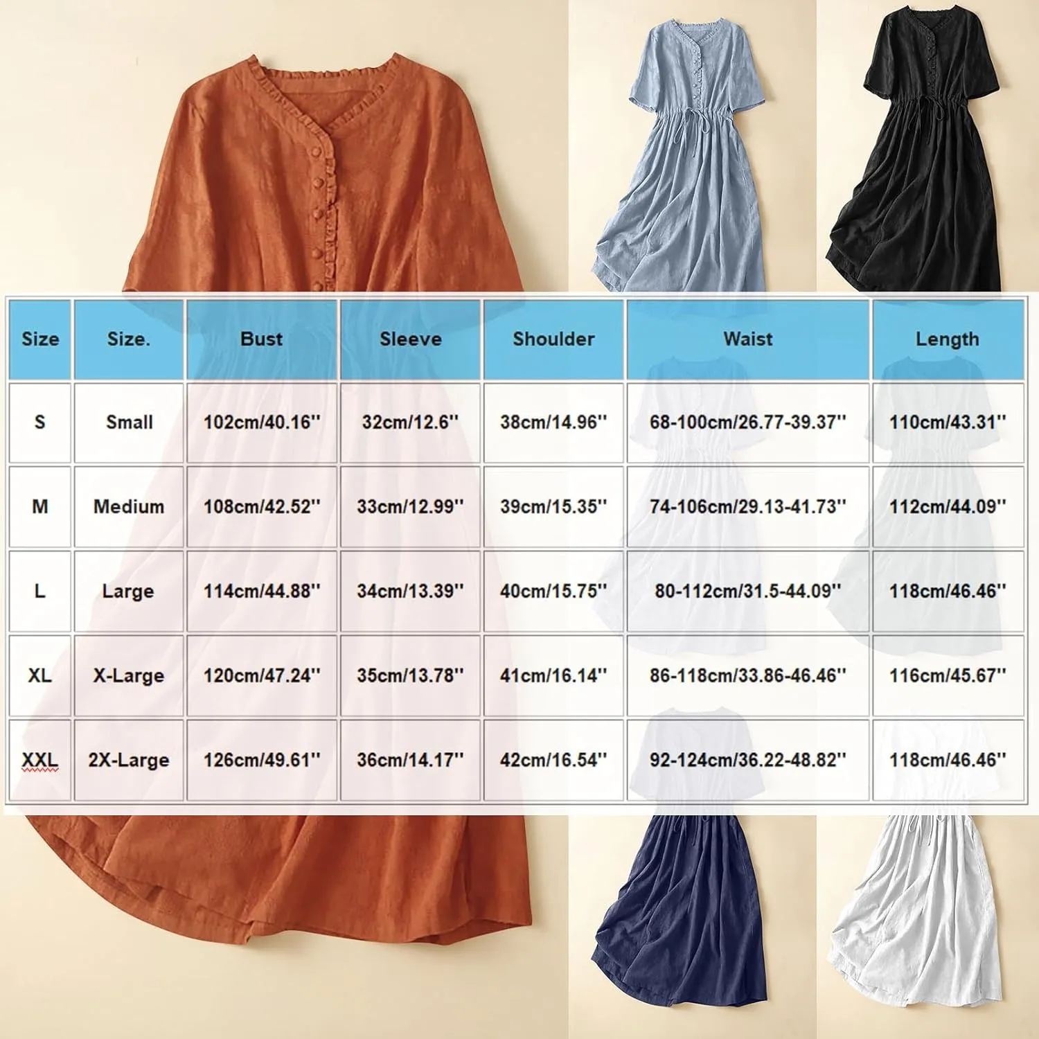 Women Cotton Linen Midi Dress Drawstring Waist Button Front Casual Summer Sundress Loose Short Sleeve Flowy A-Line Dress
