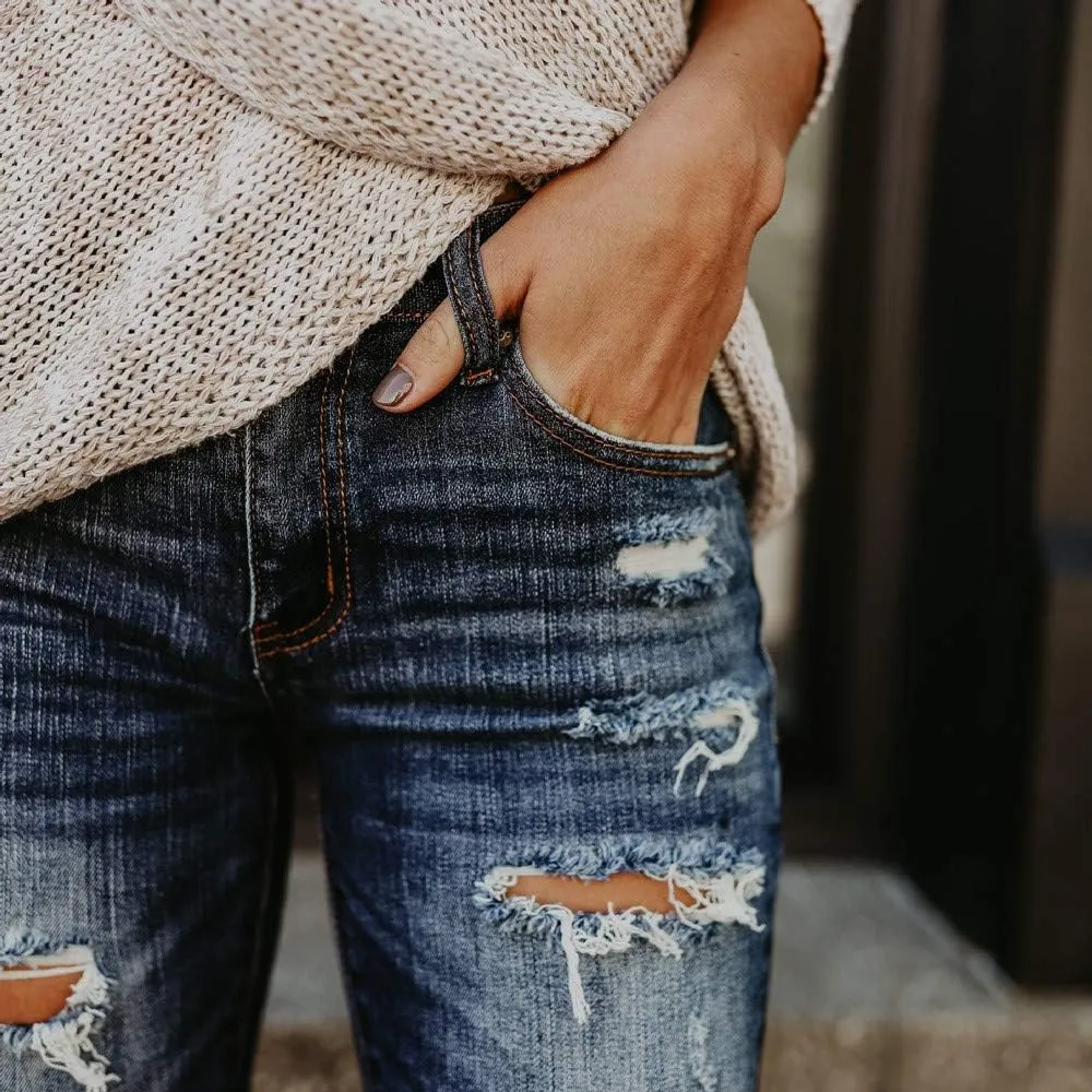 Women High Waisted Skinny Hole Denim Jeans Stretch Slim Pants Calf Length Jeans