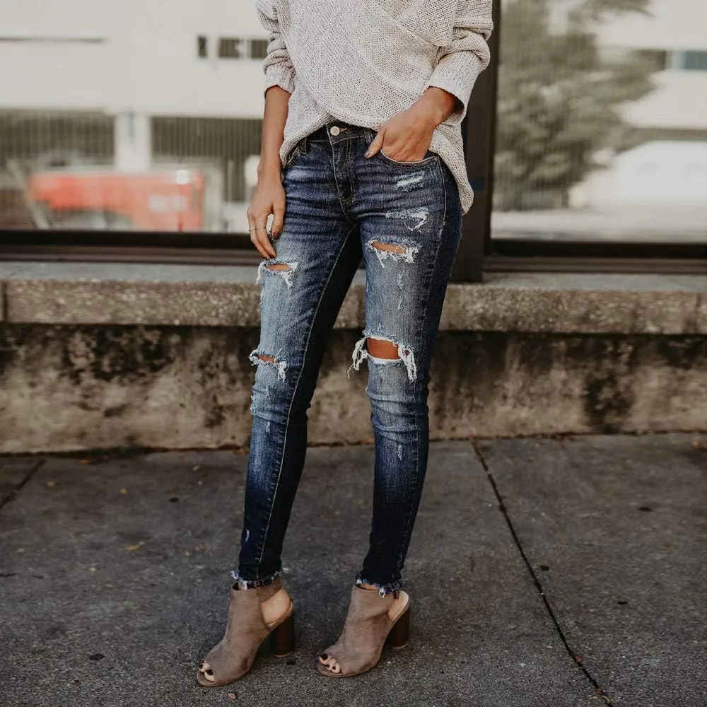 Women High Waisted Skinny Hole Denim Jeans Stretch Slim Pants Calf Length Jeans