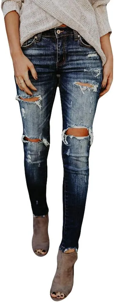 Women High Waisted Skinny Hole Denim Jeans Stretch Slim Pants Calf Length Jeans