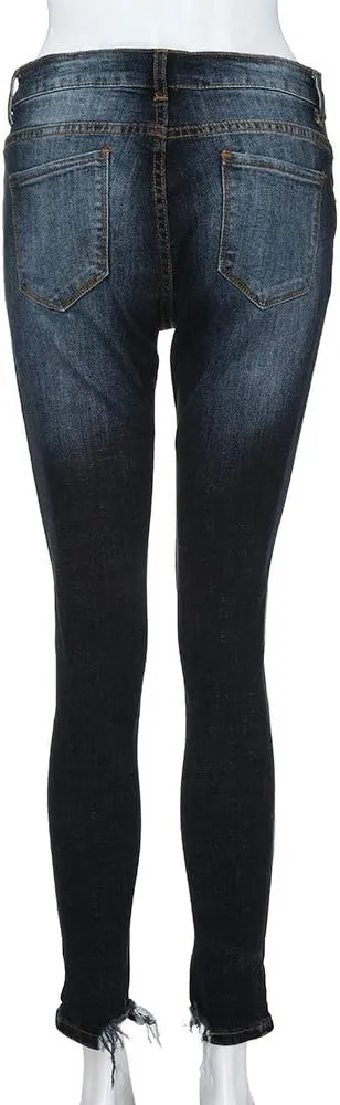 Women High Waisted Skinny Hole Denim Jeans Stretch Slim Pants Calf Length Jeans