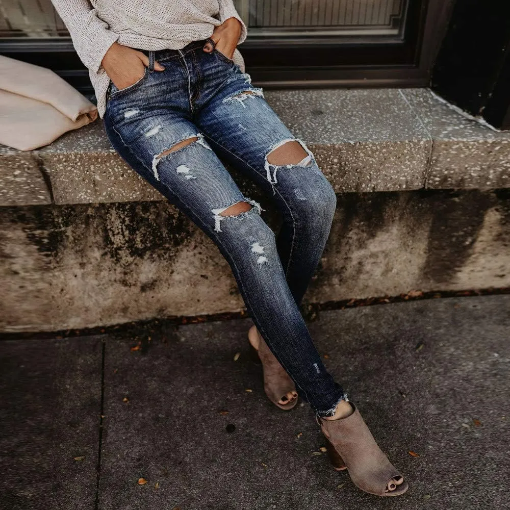 Women High Waisted Skinny Hole Denim Jeans Stretch Slim Pants Calf Length Jeans