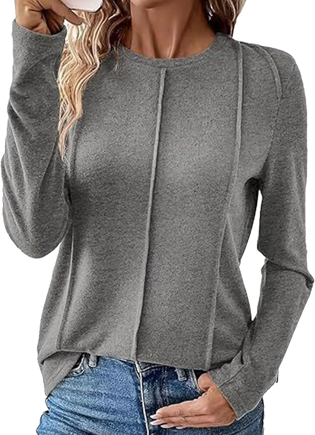 Women Long Sleeve Crewneck T Shirt Fall Casual Loose Fit Pleated Knit Blouse 2024 Trendy Cozy Soft Solid Color Clothe