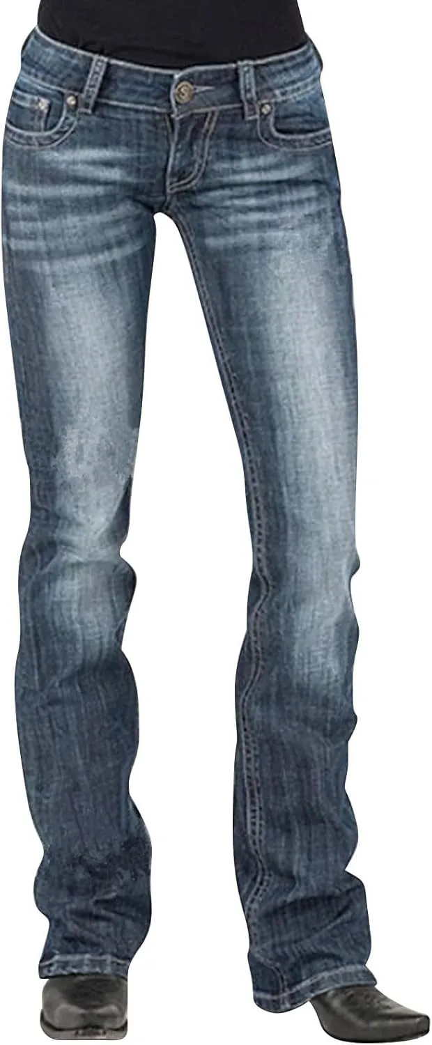 Women Mid Waisted Denim Jeans Embroidery Stretch Button Straight Pants Jeans Ladies Embroidered Jean Pants Women Stretch