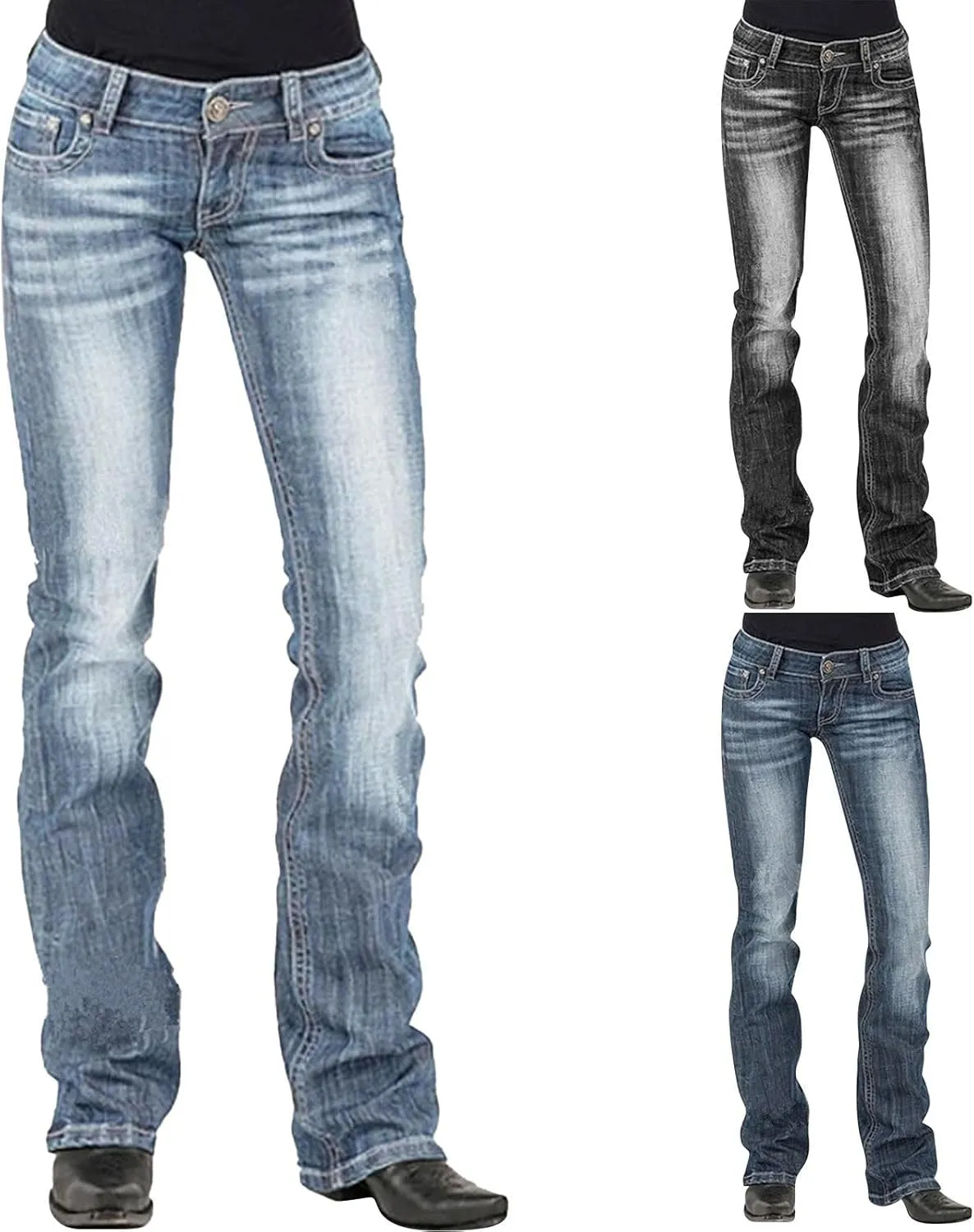 Women Mid Waisted Denim Jeans Embroidery Stretch Button Straight Pants Jeans Ladies Embroidered Jean Pants Women Stretch